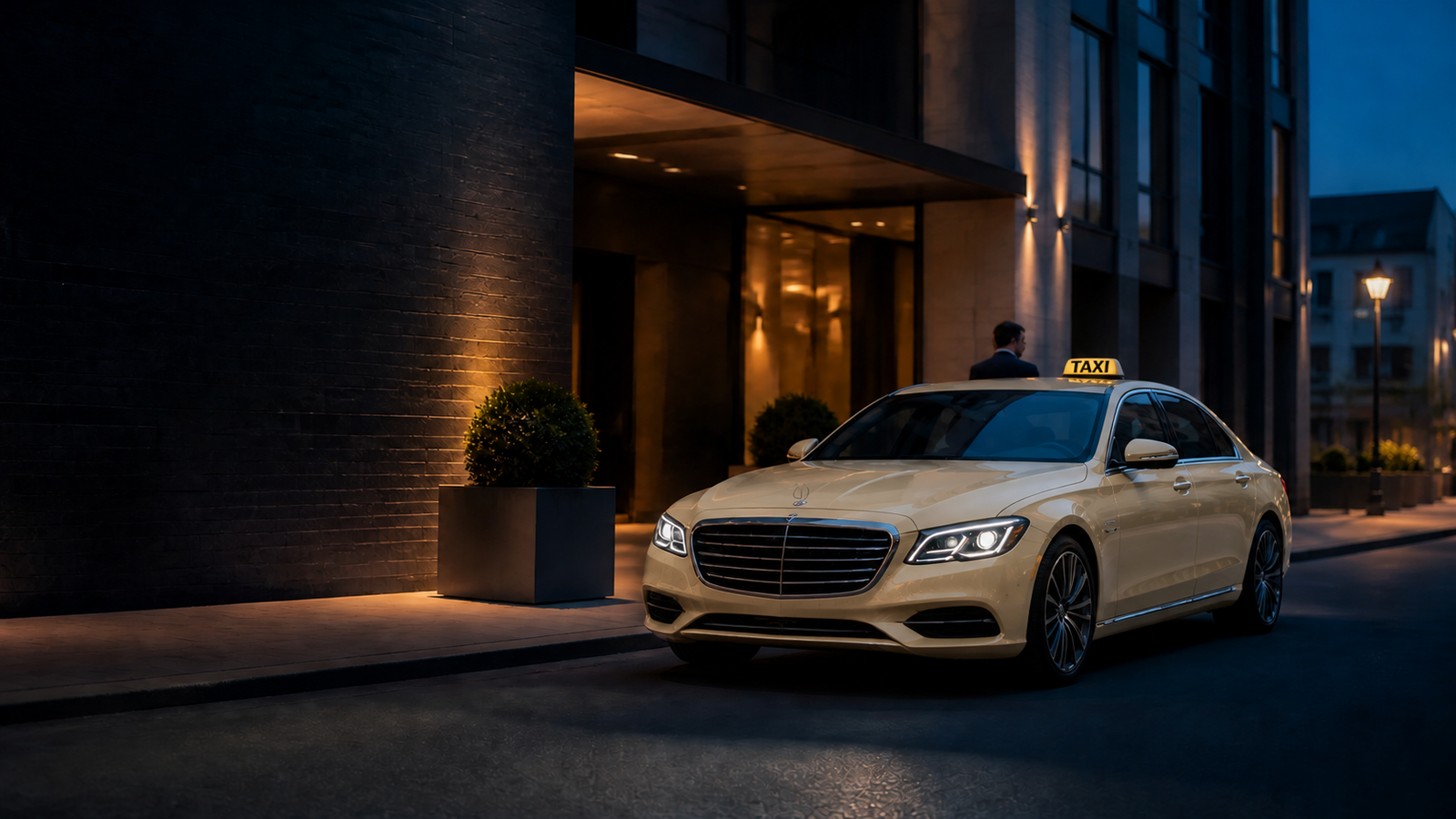 Hellelfenbeinfarbenes Taxi vor moderner Architektur